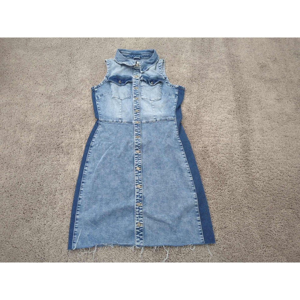 Wash Lab Shirt Dress Womens Large Blue Denim Button Up Sleeveless Contrast Panel